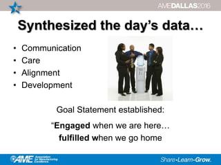 Synthesized the day’s data…
• Communication
• Care
• Alignment
• Development
Goal Statement established:
“Engaged when we are here…
fulfilled when we go home
 