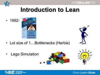 Introduction to Lean
• 1992:
• Lot size of 1…Bottlenecks (Herbie)
• Lego Simulation
 