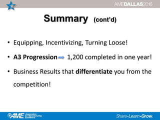 Summary (cont’d)
• Equipping, Incentivizing, Turning Loose!
• A3 Progression 1,200 completed in one year!
• Business Results that differentiate you from the
competition!
 