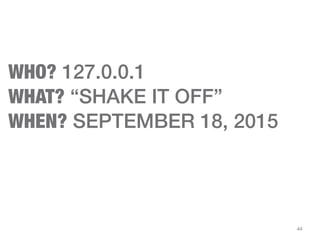 44
WHO? 127.0.0.1
WHAT? “SHAKE IT OFF”
WHEN? SEPTEMBER 18, 2015
 