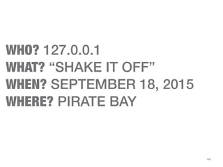 44
WHO? 127.0.0.1
WHAT? “SHAKE IT OFF”
WHEN? SEPTEMBER 18, 2015
WHERE? PIRATE BAY
 