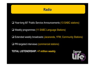 Radio


  Year-long 60” Public Service Announcements (13 SABC stations)

  Weekly programmes (11 SABC Language Stations)

  Extended weekly broadcasts (Jacaranda, YFM, Community Stations)

  PR-targeted interviews (commercial stations)

TOTAL LISTENERSHIP: +7 million weekly
 