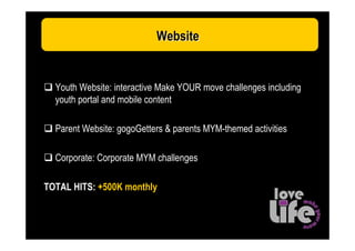 Website


  Youth Website: interactive Make YOUR move challenges including
  youth portal and mobile content

  Parent Website: gogoGetters & parents MYM-themed activities

  Corporate: Corporate MYM challenges

TOTAL HITS: +500K monthly
 