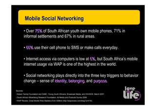 Mobile Social Networking

           • Over 75% of South African youth own mobile phones, 71% in
           informal settlements and 67% in rural areas.

           • 60% use their cell phone to SMS or make calls everyday.

           • Internet access via computers is low at 6%, but South Africa’s mobile
           internet usage via WAP is one of the highest in the world.

           • Social networking plays directly into the three key triggers to behavior
           change – sense of identity, belonging, and purpose.
                                       belonging         purpose

Sources:
• Kaiser Family Foundation and SABC, Young South Africans, Broadcast Media, and HIV/AIDS. March 2007.
• South African Advertising Research Foundation, All Media and Products Survey 2006.
• WAP Review, Great Mobile Web Statistics from AdMob (http://wapreview.com/blog/?p=416).
 