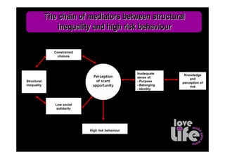 The chain of mediators between structural
                 inequality and high risk behaviour

               Constrained
                 choices




                                                    Inadequate     Knowledge
                               Perception           sense of:         and
Structural                       of scant           - Purpose     perception of
inequality                     opportunity          - Belonging       risk
                                                    - Identity



                Low social
                 solidarity




                              High risk behaviour
 