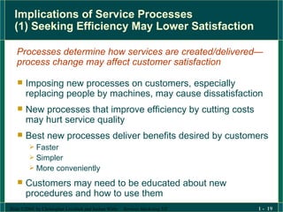 Implications of Service Processes  (1) Seeking Efficiency May Lower Satisfaction Processes determine how services are created/delivered— process change may affect customer satisfaction Imposing new processes on customers, especially replacing people by machines, may cause dissatisfaction New processes that improve efficiency by cutting costs may hurt service quality Best new processes deliver benefits desired by customers Faster Simpler More conveniently  Customers may need to be educated about new procedures and how to use them 