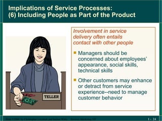 Implications of Service Processes: (6) Including People as Part of the Product Involvement in service  delivery often entails  contact with other people Managers should be concerned about employees’ appearance, social skills, technical skills Other customers may enhance or detract from service experience--need to manage customer behavior 