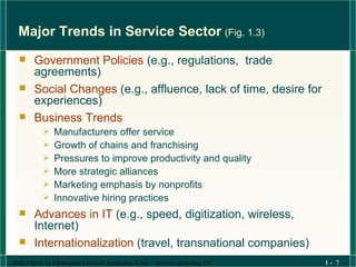 Major Trends in Service Sector   (Fig. 1.3) Government Policies  (e.g., regulations,  trade agreements) Social Changes   (e.g., affluence, lack of time, desire for experiences) Business Trends Manufacturers offer service Growth of chains and franchising Pressures to improve productivity and quality More strategic alliances Marketing emphasis by nonprofits Innovative hiring practices Advances in IT   (e.g., speed, digitization, wireless, Internet) Internationalization   (travel, transnational companies) 