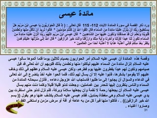 مائدة عيسى ورد ذكر القصة في سورة المائدة الآيات   112 -  115   قال تعالى  :  (   إِذْ قَالَ الْحَوَارِيُّونَ يَا عِيسَى ابْنَ مَرْيَمَ هَلْ  يَسْتَطِيعُ رَبُّكَ أَنْ يُنَزِّلَ عَلَيْنَا مَائِدَةً مِنَ السَّمَاءِ قَالَ اتَّقُوا اللَّهَ إِنْ كُنْتُمْ مُؤْمِنِينَ  *  قَالُوا نُرِيدُ أَنْ نَأْكُلَ مِنْهَا وَتَطْمَئِنَّ  قُلُوبُنَا وَنَعْلَمَ أَنْ قَدْ صَدَقْتَنَا وَنَكُونَ عَلَيْهَا مِنَ الشَّاهِدِينَ  *  قَالَ عِيسَى ابْنُ مَرْيَمَ اللَّهُمَّ رَبَّنَا أَنْزِلْ عَلَيْنَا مَائِدَةً مِنَ  السَّمَاءِ تَكُونُ لَنَا عِيدًا لِأَوَّلِنَا وَآَخِرِنَا وَآَيَةً مِنْكَ وَارْزُقْنَا وَأَنْتَ خَيرُ الرَّازِقِينَ  *   قَالَ اللَّهُ إِنِّي مُنَزِّلُهَا عَلَيْكُمْ فَمَنْ  يَكْفُرْ بَعْدُ مِنْكُمْ فَإِنِّي أُعَذِّبُهُ عَذَابًا لَا أُعَذِّبُهُ أَحَدًا مِنَ الْعَالَمِينَ  *  وقصة هذه  المائدة  أ ن عيسى عليه السلام أمر الحواريون بصيام ثلاثين يوما فلما أتموها سألوا عيسى عليه السلام إنزال مائدة من السماء عليهم ليأكلوا منها وتطمئن بذلك قلوبهم أن الله تعالى قد قبل صيامهم وتكون لهم عيدًا يفطرون عليها يوم فطرهم، ولكن عيسى عليه السلام وعظهم في ذلك وخاف عليهم ألا يقوموا بشكرها، فأبوا عليه إلا أن يسأل لهم ذلك، فلما ألحوا عليه أخذ يتضرع إلى الله تعالى في الدعاء والسؤال أن يجابوا إلى ما طلبوا فاستجاب الله عزوجل دعاءه   .  فأنزل سبحانه المائدة من السماء والناس ينظرون إليها تنحدر بين غمامتين، وجعلت تدنو قليلا قليلا وكلما دنت منهم يسأل عيسى عليه السلام أن يجعلها رحمة لا نقمة وأن يجعلها سلامًا وبركة، فلم تزل تدنو حتى استقرت بين يدي عيسى عليه السلام وهي مغطاة بمنديل، فقام عيسى عليه السلام يكشف عنها وهو يقول  ((  بسم الله خير الرازقين ))   .  ، فأكلوا منها فبرأ كل من به عاهة أو آفة أو مرض مزمن واستغنى الفقراء وصاروا أغنياء  . 