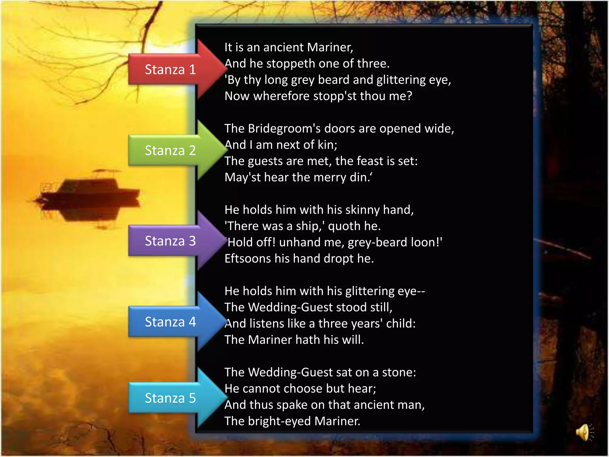 It is an ancient Mariner,
And he stoppeth one of three.
'By thy long grey beard and glittering eye,
Now wherefore stopp'st thou me?
The Bridegroom's doors are opened wide,
And I am next of kin;
The guests are met, the feast is set:
May'st hear the merry din.‘
He holds him with his skinny hand,
'There was a ship,' quoth he.
'Hold off! unhand me, grey-beard loon!'
Eftsoons his hand dropt he.
He holds him with his glittering eye--
The Wedding-Guest stood still,
And listens like a three years' child:
The Mariner hath his will.
The Wedding-Guest sat on a stone:
He cannot choose but hear;
And thus spake on that ancient man,
The bright-eyed Mariner.
Stanza 1
Stanza 2
Stanza 3
Stanza 4
Stanza 5
 