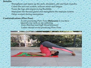 Benefits:
Stretching exercise for hips, neck, spine, and chest
strengthens the spinal muscles, hamstrings, buttocks
and ba...