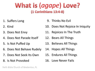 1. Suffers Long 
2. Kind 
3. Does Not Envy 
4. Does Not Parade Itself 
5. Is Not Puffed Up 
6. Does Not Behave Rudely 
7. Does Not Seek Its Own 
8. Is Not Provoked 
9. Thinks No Evil 
10. Does Not Rejoice In Iniquity 
11. Rejoices In The Truth 
12. Bears All Things 
13. Believes All Things 
14. Hopes All Things 
15. Endures All Things 
16. Love Never Fails 
 