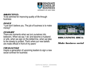 ORGANISING IDEA:
Make business social
SAATCHI & SAATCHI - LOVEMARKS
ACADEMY
OBJECTIVE:
To be admired for improving quality of life through
business
ISSUE
“I just don’t believe you. The job of business is to make
money!”
INSIGHT
There are moments when we turn ourselves into
believers. When we say ‘I do’ and become a husband
or wife, when we sign on the dotted line, when we take
to the streets to protest. That’s when our new beliefs
are made official in front of my peers”
CHALLENGE
Inspire a generation of upcoming leaders to sign a new
social contract for business
 
