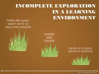 The Lovemarks Academy
THERE ARE MANY,
MANY WAYS TO
UNCOVER INSIGHTS
DRIVEN BY SCIENCE
DRIVEN BY INTUITION
ONLINE
AND
OFFLINE
The Lovemarks Academy
INCOMPLETE EXPLORATION
IN A LEARNING
ENVIRONMENT
 