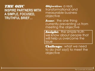 The Lovemarks Academy
THE OIIC
INSPIRE PARTNERS WITH
A SIMPLE, FOCUSED,
TRUTHFUL BRIEF…
Objective: a real,
transformational and
measurable business
objective
Issue: the one thing
currently preventing us from
meeting the objective
Insight: the simple truth
we know about people that
will help us overcome the
issue
Challenge: what we need
to do (not say!) to meet the
objective
 