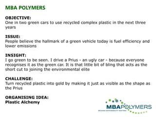 MBA POLYMERS
OBJECTIVE:
One in two green cars to use recycled complex plastic in the next three
years
ISSUE:
People believe the hallmark of a green vehicle today is fuel efficiency and
lower emissions
INSIGHT:
I go green to be seen. I drive a Prius - an ugly car - because everyone
recognises it as the green car. It is that little bit of bling that acts as the
short cut to joining the environmental elite
CHALLENGE:
Turn recycled plastic into gold by making it just as visible as the shape as
the Prius
ORGANISING IDEA:
Plastic Alchemy
 