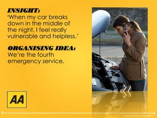The Lovemarks Academy
INSIGHT:
‘When my car breaks
down in the middle of
the night, I feel really
vulnerable and helpless.’
ORGANISING IDEA:
We’re the fourth
emergency service.
 