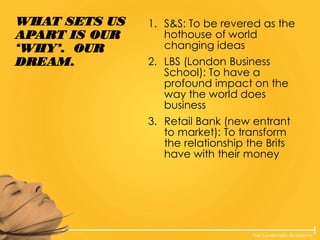 The Lovemarks Academy
WHAT SETS US
APART IS OUR
‘WHY’. OUR
DREAM.
1. S&S: To be revered as the
hothouse of world
changing ideas
2. LBS (London Business
School): To have a
profound impact on the
way the world does
business
3. Retail Bank (new entrant
to market): To transform
the relationship the Brits
have with their money
 