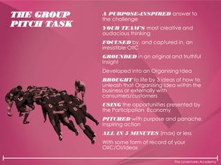 The Lovemarks Academy
THE GROUP
PITCH TASK
A PURPOSE-INSPIRED answer to
the challenge
YOUR TEAM’S most creative and
audacious thinking
FOCUSED by, and captured in, an
irresistible OIIC
GROUNDED in an original and truthful
Insight
Developed into an Organising Idea
BROUGHT to life by 3 ideas of how to
unleash that Organising Idea within the
business or externally with
consumers/customers
USING the opportunities presented by
the Participation Economy
PITCHED with purpose and panache,
inspiring action
ALL IN 5 MINUTES (max) or less
With some form of record of your
OIIC/OI/Ideas
 