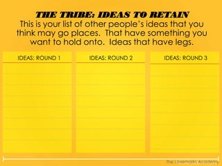 The Lovemarks Academy
THE TRIBE: IDEAS TO RETAIN
This is your list of other people’s ideas that you
think may go places. That have something you
want to hold onto. Ideas that have legs.
The Lovemarks Academy
IDEAS: ROUND 1 IDEAS: ROUND 2 IDEAS: ROUND 3
 