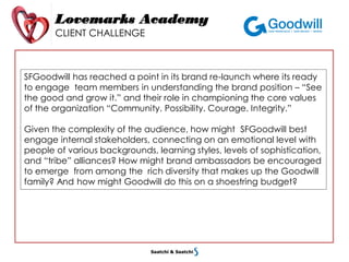 Lovemarks Academy
CLIENT CHALLENGE
SFGoodwill has reached a point in its brand re-launch where its ready
to engage team members in understanding the brand position – “See
the good and grow it.” and their role in championing the core values
of the organization “Community. Possibility. Courage. Integrity.”
Given the complexity of the audience, how might SFGoodwill best
engage internal stakeholders, connecting on an emotional level with
people of various backgrounds, learning styles, levels of sophistication,
and “tribe” alliances? How might brand ambassadors be encouraged
to emerge from among the rich diversity that makes up the Goodwill
family? And how might Goodwill do this on a shoestring budget?
 