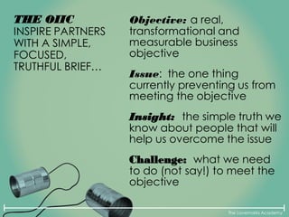 The Lovemarks Academy
THE OIIC
INSPIRE PARTNERS
WITH A SIMPLE,
FOCUSED,
TRUTHFUL BRIEF…
Objective: a real,
transformational and
measurable business
objective
Issue: the one thing
currently preventing us from
meeting the objective
Insight: the simple truth we
know about people that will
help us overcome the issue
Challenge: what we need
to do (not say!) to meet the
objective
 