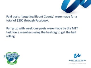Paid posts (targeting Blount County) were made for a
total of $200 through Facebook.
Ramp up with week one posts were made by the MTT
task force members using the hashtag to get the ball
rolling.
 