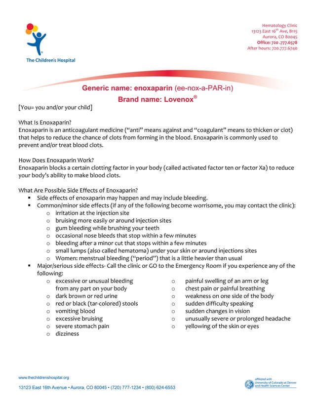 Enoxaparin/Lovenox Patient Education Handout