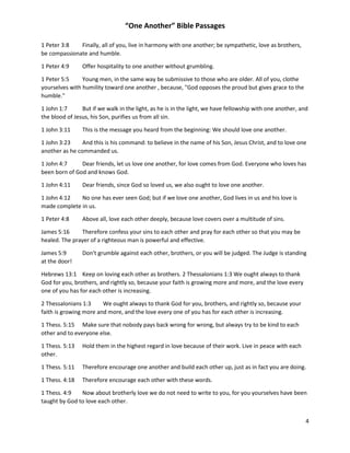 “One Another” Bible Passages
4
1 Peter 3:8 Finally, all of you, live in harmony with one another; be sympathetic, love as brothers,
be compassionate and humble.
1 Peter 4:9 Offer hospitality to one another without grumbling.
1 Peter 5:5 Young men, in the same way be submissive to those who are older. All of you, clothe
yourselves with humility toward one another , because, "God opposes the proud but gives grace to the
humble."
1 John 1:7 But if we walk in the light, as he is in the light, we have fellowship with one another, and
the blood of Jesus, his Son, purifies us from all sin.
1 John 3:11 This is the message you heard from the beginning: We should love one another.
1 John 3:23 And this is his command: to believe in the name of his Son, Jesus Christ, and to love one
another as he commanded us.
1 John 4:7 Dear friends, let us love one another, for love comes from God. Everyone who loves has
been born of God and knows God.
1 John 4:11 Dear friends, since God so loved us, we also ought to love one another.
1 John 4:12 No one has ever seen God; but if we love one another, God lives in us and his love is
made complete in us.
1 Peter 4:8 Above all, love each other deeply, because love covers over a multitude of sins.
James 5:16 Therefore confess your sins to each other and pray for each other so that you may be
healed. The prayer of a righteous man is powerful and effective.
James 5:9 Don't grumble against each other, brothers, or you will be judged. The Judge is standing
at the door!
Hebrews 13:1 Keep on loving each other as brothers. 2 Thessalonians 1:3 We ought always to thank
God for you, brothers, and rightly so, because your faith is growing more and more, and the love every
one of you has for each other is increasing.
2 Thessalonians 1:3 We ought always to thank God for you, brothers, and rightly so, because your
faith is growing more and more, and the love every one of you has for each other is increasing.
1 Thess. 5:15 Make sure that nobody pays back wrong for wrong, but always try to be kind to each
other and to everyone else.
1 Thess. 5:13 Hold them in the highest regard in love because of their work. Live in peace with each
other.
1 Thess. 5:11 Therefore encourage one another and build each other up, just as in fact you are doing.
1 Thess. 4:18 Therefore encourage each other with these words.
1 Thess. 4:9 Now about brotherly love we do not need to write to you, for you yourselves have been
taught by God to love each other.
 