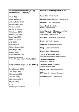 Line-up Abschlusskundgebung,           Floatliste der Loveparade 2010*
Hauptbühne (17-24 Uhr)*
                                       1Live – Köln / Deutschland
Tiesto (NL)
David Guetta (FR)                      Sunshine Live – Mannheim / Deutschland
Anthony Rother (GER)                   Raveline – Köln / Deutschland
Booka Shade (GER)
                                       Nature One & Syndicate –
Westbam (GER)                          Koblenz / Deutschland
Fedde Le Grand (NL)
                                       Virtualnights.com & Beatport.com feat.
Tiefschwarz (GER)                      Fedde Le Grand & Mark Knight –
Monika Kruse (GER)                     Essen-Berlin / Deutschland
Boys Noize (GER)                       Sensation – Düsseldorf / Deutschland
M.A.N.D.Y. (GER)
                                       Brasil – São Paulo / Brasilien
ATB (GER)
Pan-Pot (GER)                          Pulseradio – Sydney / Australien
Mathew Jonson (CAN)                    Smag – Essen / Deutschland
Mark Knight (UK)
                                       Dream – Berlin / Deutschland
Dapayk (GER)
Gustavo Bravetti (UY)                  CusCus & Zoo Project Ibiza –
                                       Dortmund-Ibiza / Deutschland- Spanien
Elektro Orchestral by
Guido Schneider & Mark Scheibe (GER)   Gastenzondergrenzen –
                                       Amsterdam / Holland

Line-up Love-Stage (15 bis 24 Uhr)*    Ultraschall meets Klub 100 –
                                       Duisburg / Deutschland
Boris Dlugosch (GER)                   Ship Of Fools – Ameland / Holland
Tom Novy (GER)
                                       DAR Records – Moskau / Russland
Moonbootica (GER)
Alex Bau (GER)                         Tunnel – Hamburg / Deutschland
Felix Kröcher (GER)
Moguai (GER)
u.v.a.
* Änderungen vorbehalten
 