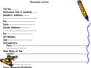 Business Letter Tel.No………….. Reference No( if needed)……….. Sender’s Address----- ------------------------ Pin--------------------- Date------------------- Inside Address------- ------------------------ Pin------------------- Sir/Madam, Sub------------------ Introductory Para-------------------------------------------------------------------- Main Body of the Letter------------------------------------------------------------- Concluding Para----------------------------------------------------------------------- Yours Sincerely/Faithfully Signature  Full Name in capitals Designation (If Needed) Enclosure( if needed) C.C( if needed) 