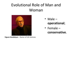 Evolutional Role of Man and
Woman
Viguen Geodakyan – Doctor of Life Sciences
• Male –
operational;
• Female –
conservative.
 