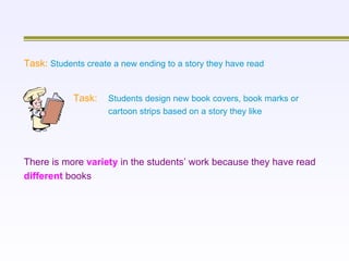Task:  Students create a new ending to a story they have read Task:  Students design new book covers, book marks or cartoon strips based on a story they like There is more  variety  in the students’ work because they have read different  books 