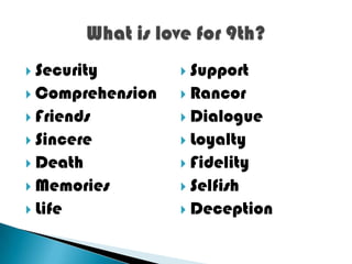  Security         Support
 Comprehension    Rancor
 Friends          Dialogue
 Sincere          Loyalty
 Death            Fidelity
 Memories         Selfish
 Life             Deception
 