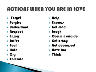     Forget         Help
   Forgive         Express
   Understand      Get mad
   Respect         Laugh
   Enjoy           Commit suicide
   Suffer          Get crazy
   Feel            Get depressed
   Hate            Have fun
   Cry             Think
   Tolerate
 