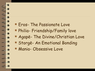    Eros- The Passionate Love
   Philia- Friendship/Family love
   Agapē- The Divine/Christian Love
   Storgē- An Emotional Bonding
   Mania- Obsessive Love
 