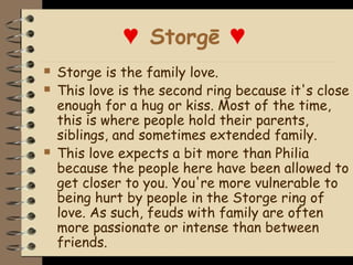 ♥ Storgē ♥
   Storge is the family love.
   This love is the second ring because it's close
    enough for a hug or kiss. Most of the time,
    this is where people hold their parents,
    siblings, and sometimes extended family.
   This love expects a bit more than Philia
    because the people here have been allowed to
    get closer to you. You're more vulnerable to
    being hurt by people in the Storge ring of
    love. As such, feuds with family are often
    more passionate or intense than between
    friends.
 