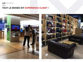 UX In Situ, agence de nouvelle génération :
• Combine la créativité des designers avec la pertinence stratégique,
• Crée des magasins pensés avant tout pour les clients,
• Propose des solutions qui dopent réellement les ventes et rapidement déployables.
PARCE QUE LES DISTRIBUTEURS LES PLUS PERFORMANTS SONT D’ABORD LES PLUS ORIENTÉS CLIENTS,
NOUS AVONS SOUHAITÉ TRADUIRE CETTE CONVICTION DANS NOTRE APPROCHE DES CONCEPTS ET
L’EXPRIMER DANS NOTRE NOM, UX, ACRONYME DE "USER EXPERIENCE".
LA « UX ATTITUDE »
 