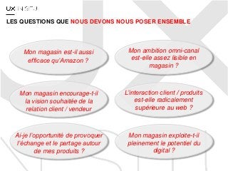 LES QUESTIONS QUE NOUS DEVONS NOUS POSER ENSEMBLE
Mon magasin est-il aussi
efficace qu’Amazon ?
Mon ambition omni-canal
est-elle assez lisible en
magasin ?
Mon magasin encourage-t-il
la vision souhaitée de la
relation client / vendeur
L’interaction client / produits
est-elle radicalement
supérieure au web ?
Ai-je l’opportunité de provoquer
l’échange et le partage autour
de mes produits ?
Mon magasin exploite-t-il
pleinement le potentiel du
digital ?
 