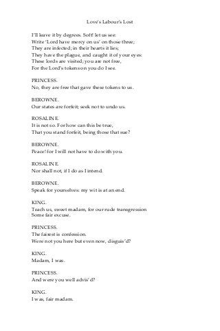 Love's Labour's Lost
I’ll leave it by degrees. Soft! let us see:
Write ‘Lord have mercy on us’ on those three;
They are infected; in their hearts it lies;
They have the plague, and caught it of your eyes:
These lords are visited; you are not free,
For the Lord’s tokens on you do I see.
PRINCESS.
No, they are free that gave these tokens to us.
BEROWNE.
Our states are forfeit; seek not to undo us.
ROSALINE.
It is not so. For how can this be true,
That you stand forfeit, being those that sue?
BEROWNE.
Peace! for I will not have to do with you.
ROSALINE.
Nor shall not, if I do as I intend.
BEROWNE.
Speak for yourselves: my wit is at an end.
KING.
Teach us, sweet madam, for our rude transgression
Some fair excuse.
PRINCESS.
The fairest is confession.
Were not you here but even now, disguis’d?
KING.
Madam, I was.
PRINCESS.
And were you well advis’d?
KING.
I was, fair madam.
 