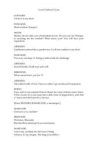 Love's Labour's Lost
COSTARD.
I’ll do it in my shirt.
DUMAINE.
Most resolute Pompey!
MOTH.
Master, let me take you a buttonhole lower. Do you not see Pompey
is uncasing for the combat? What mean you? You will lose your
reputation.
ARMADO.
Gentlemen and soldiers, pardon me; I will not combat in my shirt.
DUMAINE.
You may not deny it: Pompey hath made the challenge.
ARMADO.
Sweet bloods, I both may and will.
BEROWNE.
What reason have you for ‘t?
ARMADO.
The naked truth of it is: I have no shirt; I go woolward for penance.
BOYET.
True, and it was enjoined him in Rome for want of linen; since when,
I’ll be sworn, he wore none but a dish-clout of Jaquenetta’s, and that
a’ wears next his heart for a favour.
[Enter MONSIEUR MARCADE, a messenger.]
MARCADE.
God save you, madam!
PRINCESS.
Welcome, Marcade;
But that thou interrupt’st our merriment.
MARCADE.
I am sorry, madam; for the news I bring
Is heavy in my tongue. The king your father—
 