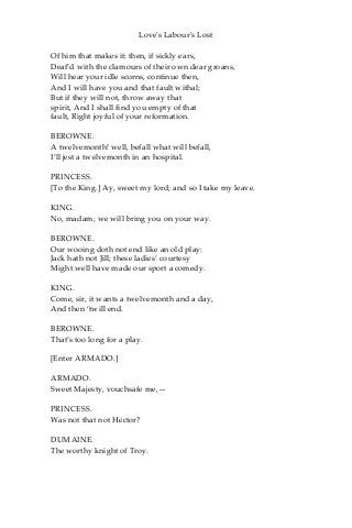 Love's Labour's Lost
Of him that makes it: then, if sickly ears,
Deaf’d with the clamours of their own dear groans,
Will hear your idle scorns, continue then,
And I will have you and that fault withal;
But if they will not, throw away that
spirit, And I shall find you empty of that
fault, Right joyful of your reformation.
BEROWNE.
A twelvemonth! well, befall what will befall,
I’ll jest a twelvemonth in an hospital.
PRINCESS.
[To the King.] Ay, sweet my lord; and so I take my leave.
KING.
No, madam; we will bring you on your way.
BEROWNE.
Our wooing doth not end like an old play:
Jack hath not Jill; these ladies’ courtesy
Might well have made our sport a comedy.
KING.
Come, sir, it wants a twelvemonth and a day,
And then ‘twill end.
BEROWNE.
That’s too long for a play.
[Enter ARMADO.]
ARMADO.
Sweet Majesty, vouchsafe me,—
PRINCESS.
Was not that not Hector?
DUMAINE.
The worthy knight of Troy.
 