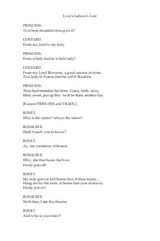 Love's Labour's Lost
PRINCESS.
To whom shouldst thou give it?
COSTARD.
From my lord to my lady.
PRINCESS.
From which lord to which lady?
COSTARD.
From my Lord Berowne, a good master of mine,
To a lady of France that he call’d Rosaline.
PRINCESS.
Thou hast mistaken his letter. Come, lords, away.
Here, sweet, put up this: ‘twill be thine another day.
[Exeunt PRINCESS and TRAIN.]
BOYET.
Who is the suitor? who is the suitor?
ROSALINE.
Shall I teach you to know?
BOYET.
Ay, my continent of beauty.
ROSALINE.
Why, she that bears the bow.
Finely put off!
BOYET.
My lady goes to kill horns; but, if thou marry,
Hang me by the neck, if horns that year miscarry.
Finely put on!
ROSALINE.
Well then, I am the shooter.
BOYET.
And who is your deer?
 
