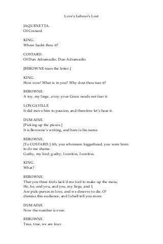 Love's Labour's Lost
JAQUENETTA.
Of Costard.
KING.
Where hadst thou it?
COSTARD.
Of Dun Adramadio, Dun Adramadio.
[BEROWNE tears the letter.]
KING.
How now! What is in you? Why dost thou tear it?
BEROWNE.
A toy, my liege, a toy: your Grace needs not fear it.
LONGAVILLE.
It did move him to passion, and therefore let’s hear it.
DUMAINE.
[Picking up the pieces.]
It is Berowne’s writing, and here is his name.
BEROWNE.
[To COSTARD.] Ah, you whoreson loggerhead, you were born
to do me shame.
Guilty, my lord, guilty; I confess, I confess.
KING.
What?
BEROWNE.
That you three fools lack’d me fool to make up the mess;
He, he, and you, and you, my liege, and I,
Are pick-purses in love, and we deserve to die. O!
dismiss this audience, and I shall tell you more.
DUMAINE.
Now the number is even.
BEROWNE.
True, true, we are four.
 