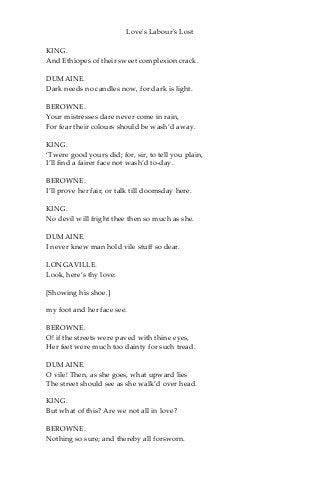Love's Labour's Lost
KING.
And Ethiopes of their sweet complexion crack.
DUMAINE.
Dark needs no candles now, for dark is light.
BEROWNE.
Your mistresses dare never come in rain,
For fear their colours should be wash’d away.
KING.
‘Twere good yours did; for, sir, to tell you plain,
I’ll find a fairer face not wash’d to-day.
BEROWNE.
I’ll prove her fair, or talk till doomsday here.
KING.
No devil will fright thee then so much as she.
DUMAINE.
I never knew man hold vile stuff so dear.
LONGAVILLE.
Look, here’s thy love:
[Showing his shoe.]
my foot and her face see.
BEROWNE.
O! if the streets were paved with thine eyes,
Her feet were much too dainty for such tread.
DUMAINE.
O vile! Then, as she goes, what upward lies
The street should see as she walk’d over head.
KING.
But what of this? Are we not all in love?
BEROWNE.
Nothing so sure; and thereby all forsworn.
 