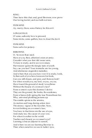 Love's Labour's Lost
KING.
Then leave this chat; and, good Berowne, now prove
Our loving lawful, and our faith not torn.
DUMAINE.
Ay, marry, there; some flattery for this evil.
LONGAVILLE.
O! some authority how to proceed;
Some tricks, some quillets, how to cheat the devil.
DUMAINE.
Some salve for perjury.
BEROWNE.
O, ‘tis more than need.
Have at you, then, affection’s men-at-arms:
Consider what you first did swear unto,
To fast, to study, and to see no woman;
Flat treason ‘gainst the kingly state of youth.
Say, can you fast? Your stomachs are too young,
And abstinence engenders maladies.
And where that you you have vow’d to study, lords,
In that each of you have forsworn his book,
Can you still dream, and pore, and thereon look?
For when would you, my lord, or you, or you,
Have found the ground of study’s excellence
Without the beauty of a woman’s face?
From women’s eyes this doctrine I derive:
They are the ground, the books, the academes,
From whence doth spring the true Promethean fire.
Why, universal plodding poisons up
The nimble spirits in the arteries,
As motion and long-during action tires
The sinewy vigour of the traveller. Now,
for not looking on a woman’s face,
You have in that forsworn the use of eyes,
And study too, the causer of your vow;
For where is author in the world
Teaches such beauty as a woman’s eye?
Learning is but an adjunct to ourself,
And where we are our learning likewise is:
Then when ourselves we see in ladies’ eyes,
 