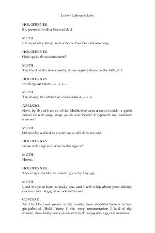 Love's Labour's Lost
HOLOFERNES.
Ba, pueritia, with a horn added.
MOTH.
Ba! most silly sheep with a horn. You hear his learning.
HOLOFERNES.
Quis, quis, thou consonant?
MOTH.
The third of the five vowels, if you repeat them; or the fifth, if I.
HOLOFERNES.
I will repeat them,—a, e, i,—
MOTH.
The sheep; the other two concludes it,—o, u.
ARMADO.
Now, by the salt wave of the Mediterraneum, a sweet touch, a quick
venue of wit! snip, snap, quick and home! It rejoiceth my intellect:
true wit!
MOTH.
Offered by a child to an old man; which is wit-old.
HOLOFERNES.
What is the figure? What is the figure?
MOTH.
Horns.
HOLOFERNES.
Thou disputes like an infant; go, whip thy gig.
MOTH.
Lend me your horn to make one, and I will whip about your infamy
circum circa. A gig of a cuckold’s horn.
COSTARD.
An I had but one penny in the world, thou shouldst have it to buy
gingerbread. Hold, there is the very remuneration I had of thy
master, thou half-penny purse of wit, thou pigeon-egg of discretion.
 