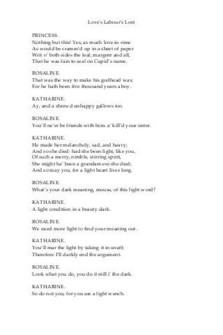 Love's Labour's Lost
PRINCESS.
Nothing but this! Yes, as much love in rime
As would be cramm’d up in a sheet of paper
Writ o’ both sides the leaf, margent and all,
That he was fain to seal on Cupid’s name.
ROSALINE.
That was the way to make his godhead wax;
For he hath been five thousand years a boy.
KATHARINE.
Ay, and a shrewd unhappy gallows too.
ROSALINE.
You’ll ne’er be friends with him: a’ kill’d your sister.
KATHARINE.
He made her melancholy, sad, and heavy;
And so she died: had she been light, like you,
Of such a merry, nimble, stirring spirit,
She might ha’ been a grandam ere she died;
And so may you, for a light heart lives long.
ROSALINE.
What’s your dark meaning, mouse, of this light word?
KATHARINE.
A light condition in a beauty dark.
ROSALINE.
We need more light to find your meaning out.
KATHARINE.
You’ll mar the light by taking it in snuff;
Therefore I’ll darkly end the argument.
ROSALINE.
Look what you do, you do it still i’ the dark.
KATHARINE.
So do not you; for you are a light wench.
 