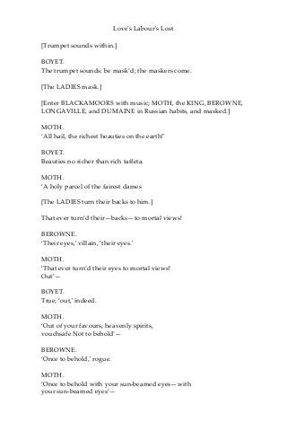Love's Labour's Lost
[Trumpet sounds within.]
BOYET.
The trumpet sounds: be mask’d; the maskers come.
[The LADIES mask.]
[Enter BLACKAMOORS with music; MOTH, the KING, BEROWNE,
LONGAVILLE, and DUMAINE in Russian habits, and masked.]
MOTH.
‘All hail, the richest heauties on the earth!'
BOYET.
Beauties no richer than rich taffeta.
MOTH.
‘A holy parcel of the fairest dames
[The LADIES turn their backs to him.]
That ever turn’d their—backs—to mortal views!
BEROWNE.
‘Their eyes,' villain, ‘their eyes.'
MOTH.
‘That ever turn’d their eyes to mortal views!
Out’—
BOYET.
True; ‘out,' indeed.
MOTH.
‘Out of your favours, heavenly spirits,
vouchsafe Not to behold’—
BEROWNE.
‘Once to behold,' rogue.
MOTH.
‘Once to behold with your sun-beamed eyes—with
your sun-beamed eyes’—
 