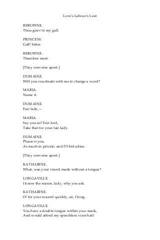 Love's Labour's Lost
BEROWNE.
Thou griev’st my gall.
PRINCESS.
Gall! bitter.
BEROWNE.
Therefore meet.
[They converse apart.]
DUMAINE.
Will you vouchsafe with me to change a word?
MARIA.
Name it.
DUMAINE.
Fair lady,—
MARIA.
Say you so? Fair lord,
Take that for your fair lady.
DUMAINE.
Please it you,
As much in private, and I’ll bid adieu.
[They converse apart.]
KATHARINE.
What, was your visord made without a tongue?
LONGAVILLE.
I know the reason, lady, why you ask.
KATHARINE.
O! for your reason! quickly, sir; I long.
LONGAVILLE.
You have a double tongue within your mask,
And would afford my speechless visor half.
 